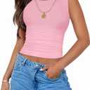 ZESICA Womens Summer Tank Tops 2026 Sleeveless Crewneck Knit Slim Fitted Side Ruched Casual Basic Shirt (Medium, Pink)
