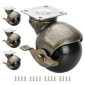 JGJC Casters Set of 4, Antique Brass Caster with Brake, 2 Inch Ball Castor Wheels for Furniture Casters Vintage Wheels Heavy Duty, Table Caster with 360 Degree Swivel Top Plate