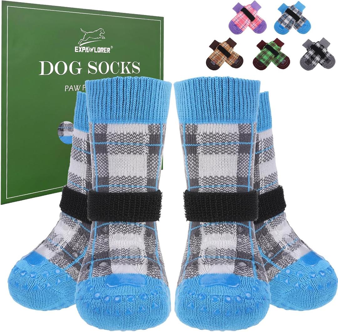 EXPAWLORER Dog Socks for Hardwood Floors, Dog Shoes for Winter, Dog Booties for Cold Pavement to Prevent Licking, Paw Protectors Strong Traction Control for Small Medium Large Dogs, Blue, Size: M