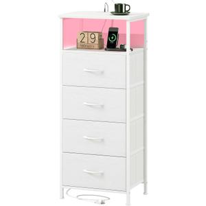 White Nightstand with Charging Station and LED Light for Bedroom, Tall 4 Drawers Dresser with Fabric Bins for Bedside Kids Dorm Room Closet Laundry Entryway, White Leather