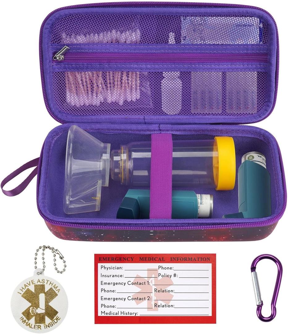 YouKnow Travel Carrying Case for Asthma Inhaler, Inhaler Spacer for Adults and Children, Mask, Inhaler Holder with Asthma Warning Label and Medical Card, with Carabiner (Case Only) (Galaxy)