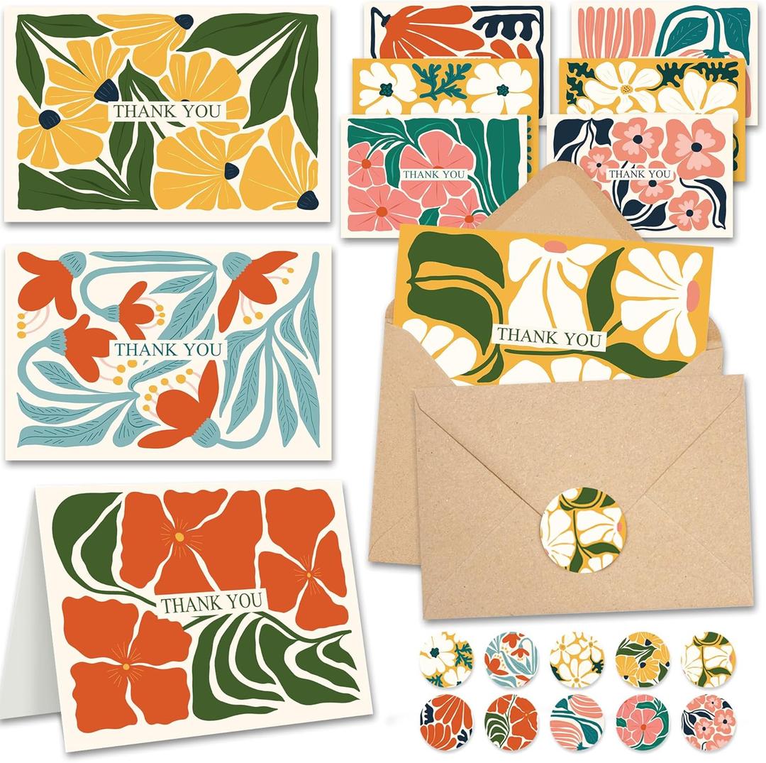 AUDREE Boho Abstract Floral Thank You Cards (20 Pack, 4x6) Thank You Horizontal Card With Adhesive Envelopes & Matching Stickers For Weddings, Baby & Bridal Showers, Any Occasion