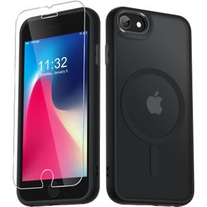 for iPhone SE Case 2022(3rd)/2020(2nd), iPhone 8/7 Case, with 1 Screen Protector, Matte Magnetic Slim Phone Cover, Support for Magsafe, Shockproof Protection Translucent Frosted Back,Black