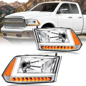 LED DRL Headlight Assembly,Fit 2009-2018 Dodge Ram 1500/10-18 Ram 2500 3500 4500 5500(Only fit factory dual beam halogen headlights, Additional H4 bulb required) Chrome Housing Amber Reflector