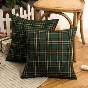 AQOTHES Pack of 2 Christmas Plaid Decorative Throw Pillow Covers Scottish Tartan Cushion Case for Farmhouse Home Holiday Decor Green, 18 x 18 Inches