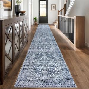KUTA Extra Long Runner Rug for Hallway 2.6x18ft, Blue White Vintage Washable Kitchen Rugs, Non-Slip Stair Runners Indoor Ultra Soft Printed Floral Medallion Carpet for Bedroom Living Room Nursery