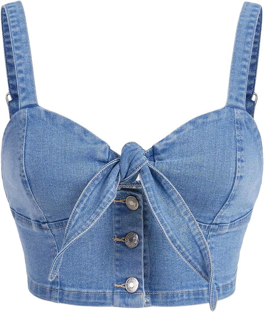 WDIRARA Women's Denim Tie Knot Tank Top Button Decor Sleeveless Y2k Jean Crop Top (Medium)