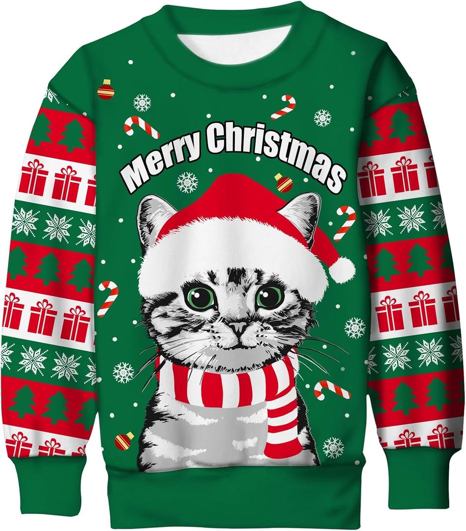Idgreatim Boys Girls Ugly Christmas Sweater Funny 3D Long Sleeve Xmas Sweatshirt with Fleece Size 4-16 (M)