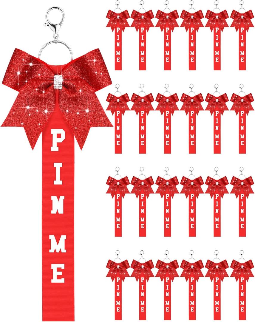 Landical Cheer Pin Me Ribbon Cheerleader Ribbon Keychain with Rhinestones Bow for Cheerleader Bag Backpack (Red)