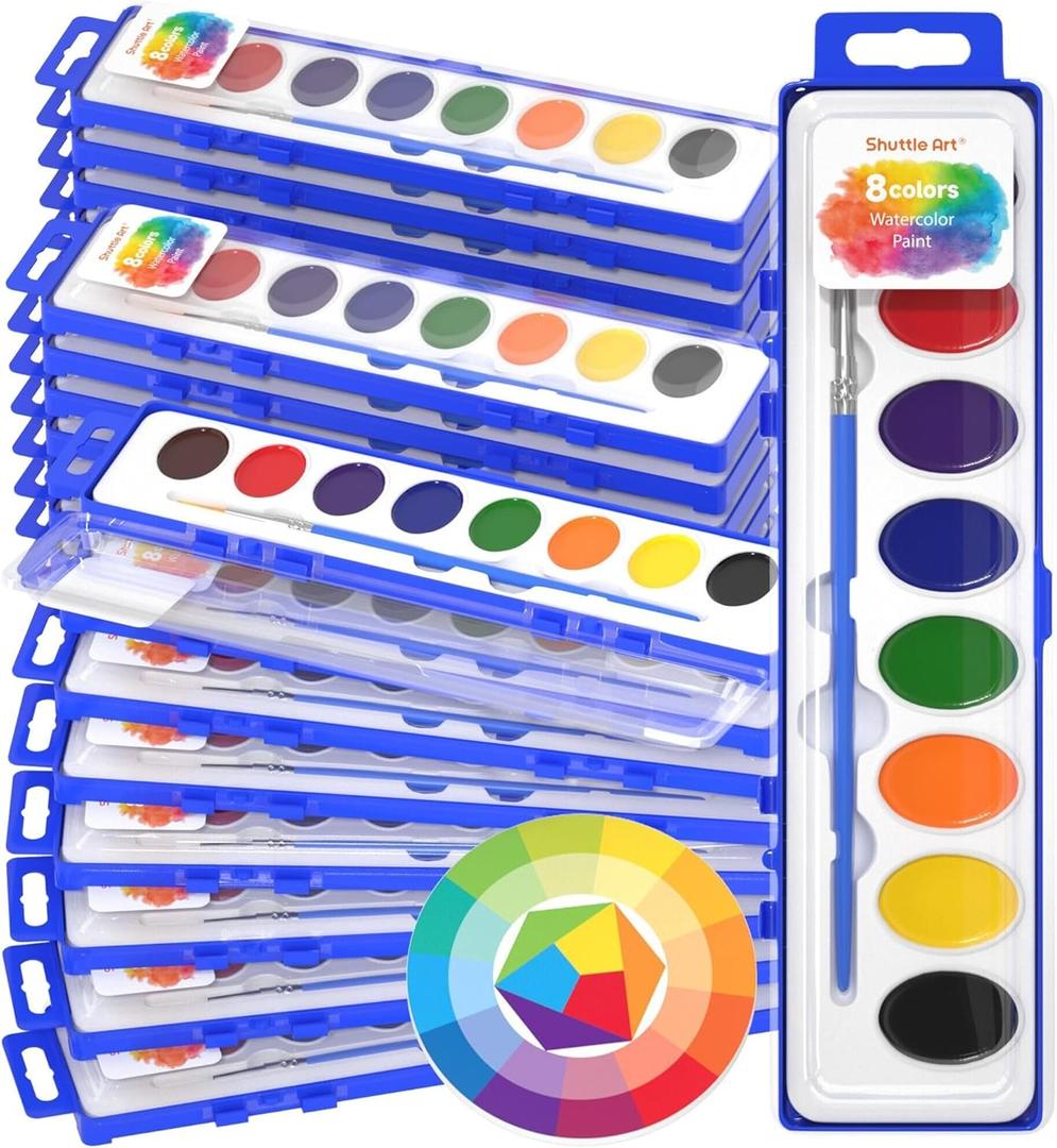 Shuttle Art 24 Pack Watercolor Paint Set, 8 Colors with Paint Brushes & Color Wheels, Washable for Kids & Adults, Suitable for Classroom, Parties, Kindergarten & Art Activities
