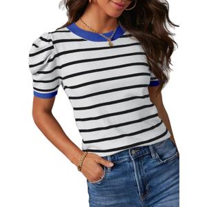 Dokotoo Women's Short Puff Sleeve Knit Tops 2025 Trendy Crewneck Striped T Shirts Casual Summer Blouses, (White Blue, 2XL)