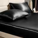 BEDELITE Satin Queen Fitted Sheet & Pillowcase Set - 3-Piece Luxury Soft Silk-Like with 1 Deep Pocket Fitted Sheet (Fits 15" Mattress) & 2 Pillowcases, Elastic Corner Straps (Black)