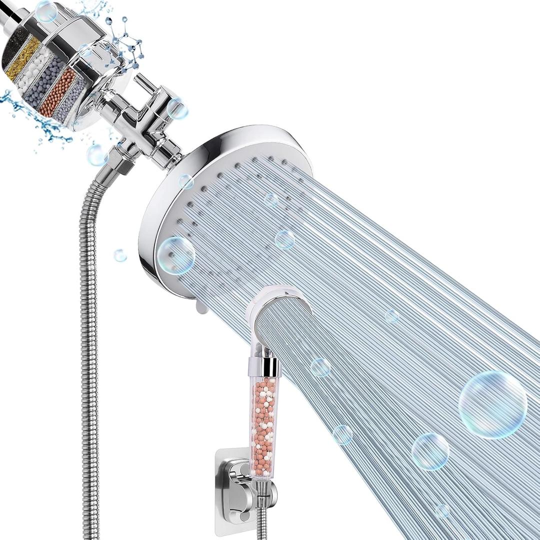 High Pressure 5 Setting Rain Shower Head Combo, HarJue Filter Shower Head, Dual Shower Head Set for Hard Water, Remove Chlorine Fluoride and Harmful Substances, Chrome (With Filter & Handheld)