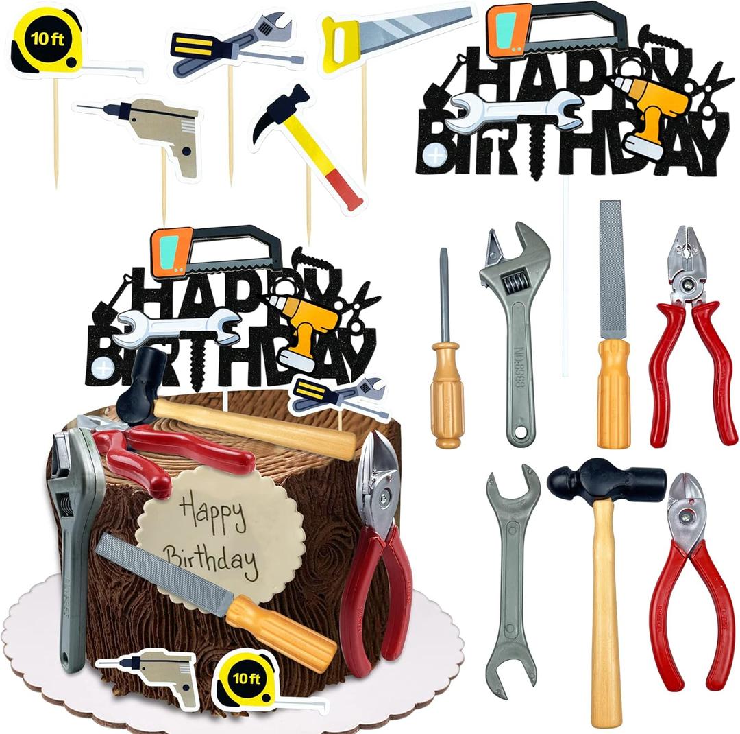 18PCS Tools Cake Topper Tools Cake Decorations Toolbox Wrench Hammer Mechanic Drill Plier Handsaw Tape Measure Screwdrivers Themed Happy Birthday Party Decor