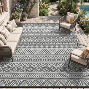 MontVoo Outdoor Rug Carpet Waterproof 9x18 Outdoor Patio Rug Mat Reverisble Plastic Straw Outdoor Rug for RV Camping Picnic Beach Balcony Boho Grey Large