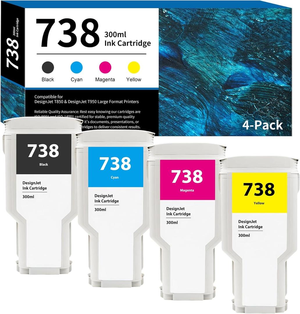 738 Ink Cartridge 300ml 4-Pack (Black Cyan Magenta Yellow) 498N8A 676M6A 676M7A 676M8A Replacement for HP 738 Ink Cartridge for DesignJet T850 T950 Printer Ink