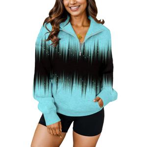 YeGine Womens Sweatshirt Oversized Quarter Zip Pullover Half Zip Long Sleeve Top Blue Print S (S)