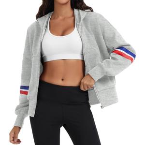 Womens Full Zip Up Long Sleeve Color Block Fleece Cropped Hoodies Winter Gym Running Outing Athletic Sweatshirts (Gray, XL)