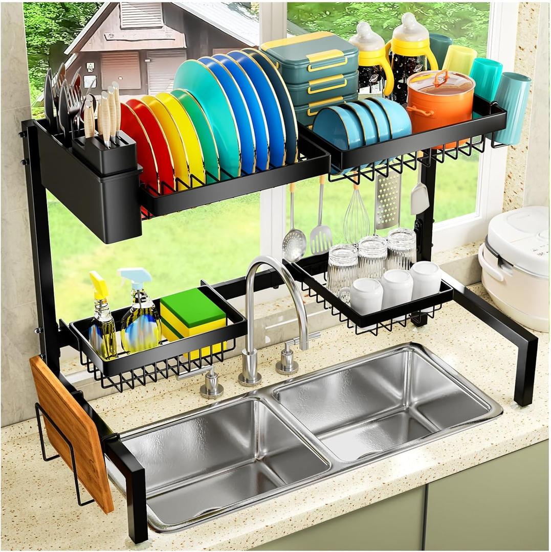 YKLSLH 4 Baskets Over The Sink Dish Drying Rack, Extendable Large Capacity Sink Rack, Metal Drying Rack Saving Space,for Most Sinks (24.8 "-35.4") (2 tiers 4 baskets, Black)