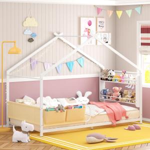 Timy House Shape Twin Size Montessori House Bed with 2 Tier Wood Bookshelf