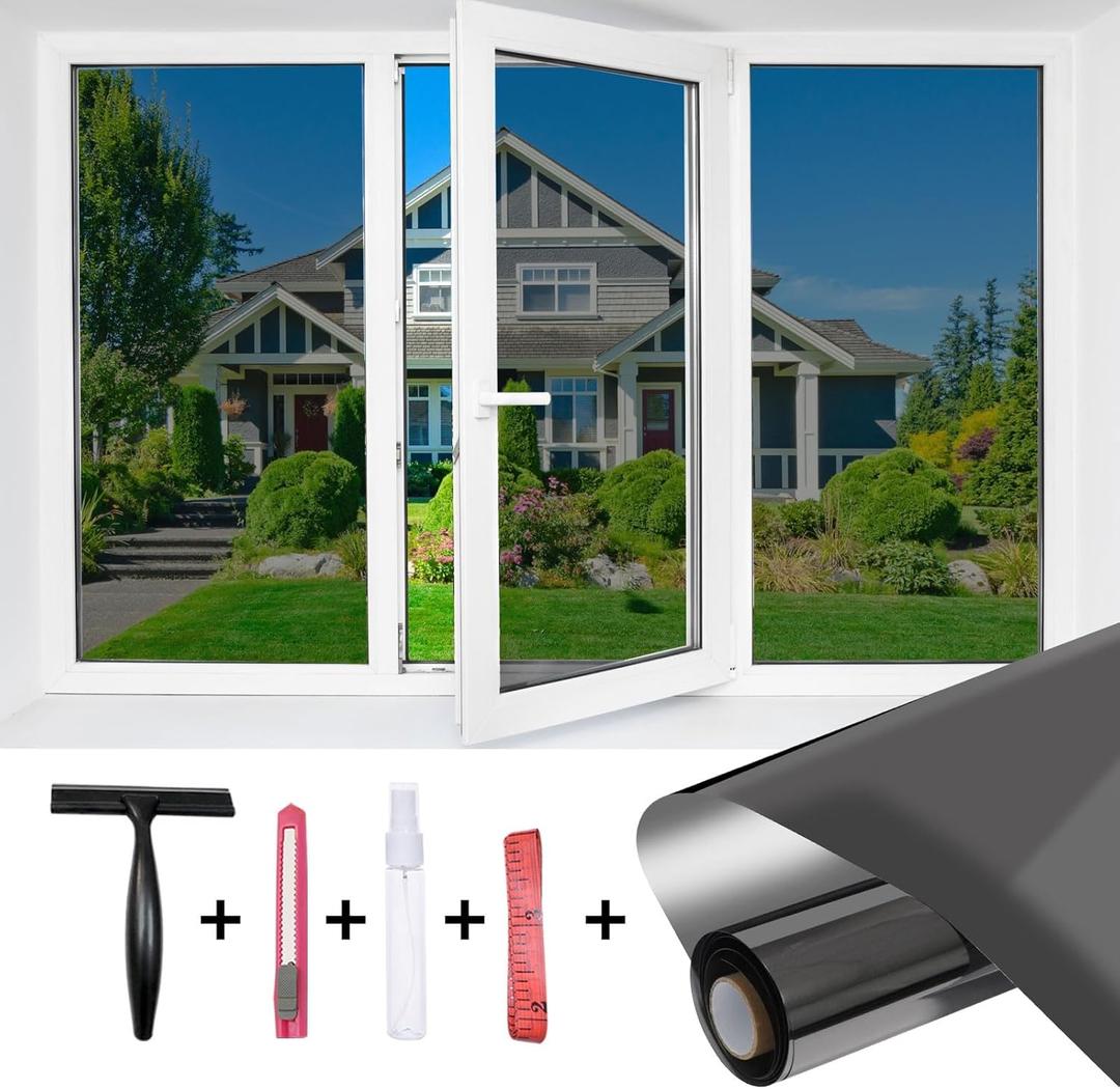 One Way Window Privacy Film, Mirror Tint Static Cling Heat Control Daytime Privacy Film UV Blocking Reflective with Installation Tools for Home Office, Black Silver, 17.5 x 78.7 Inches