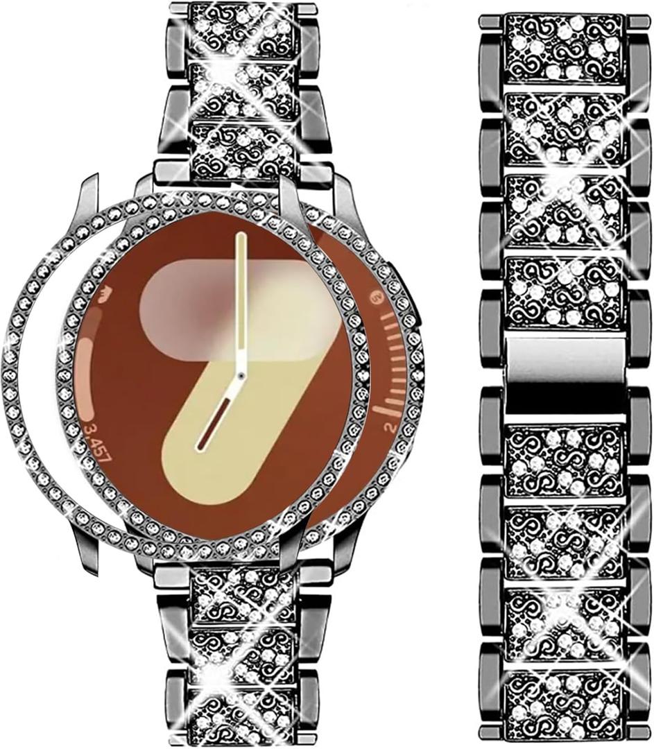 Mosonio Compatible with Samsung Galaxy Watch 8/7/6 Bands 40mm/44mm, 20mm Bling Metal Bands with Bling Protective Cover Case for Women, Shiny Watch Replacement Strap for Daily Wear (Black)