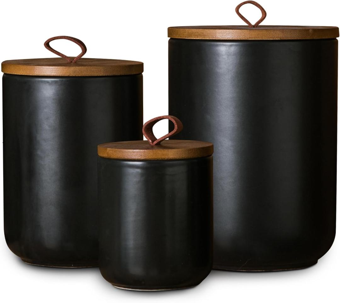 JOJUNO Black Ceramic Canister Set with Wooden Lid, 3-Piece Airtight Food Storage Jars for Kitchen Counter - Flour, Sugar, Coffee, Tea, Spice - Small, Medium, Large Sizes (12/30/48 oz/Black) JOJUNO Black Ceramic Canister Set with Wooden Lid, 3-Piece Airtight Food Storage Jars for Kitchen Counter - Flour, Sugar, Coffee, Tea, Spice - Small, Medium, Large Sizes (12/30/48 oz/Black)