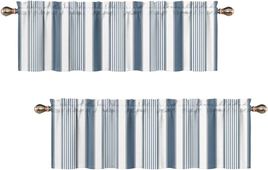 Striped Valances for Windows, Blue White Grey Stripes Kitchen Valance for Bedroom Living Room Bathroom Geometric Small Window Treatments 2Panels 42x18inches