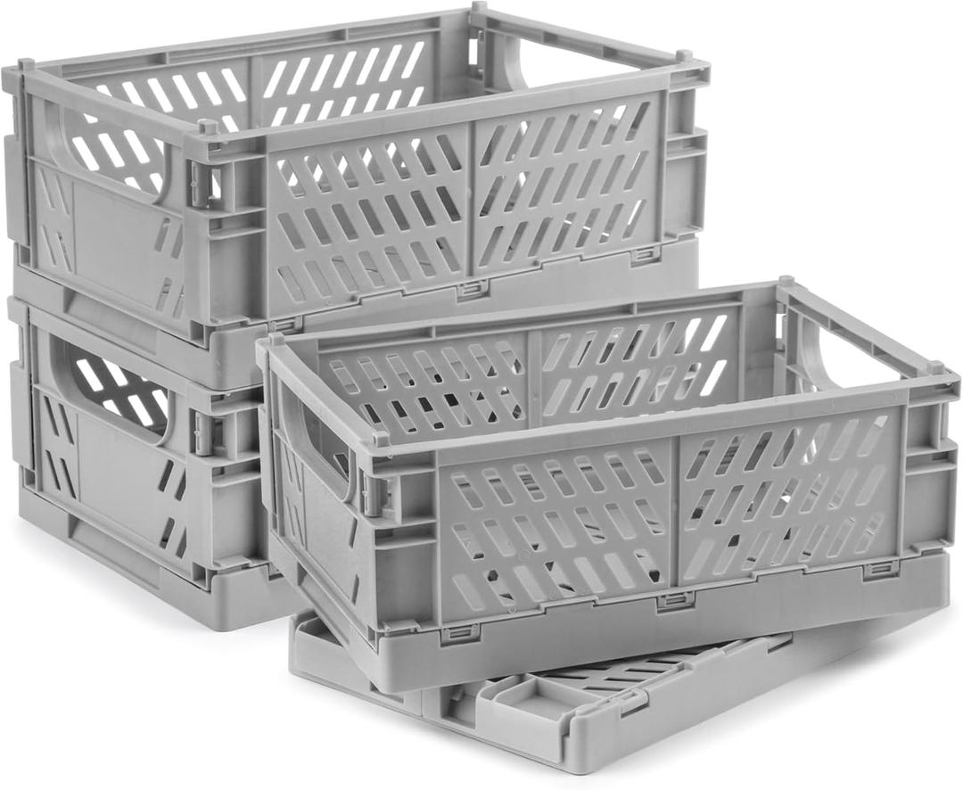 4 Pcs Collapsible Storage Crates, 10x6.5x4 inches Space-Saving Folding Containers, Stackable Plastic Boxes for Home Kitchen Office Bedroom Bathroom, Light Gray, Medium