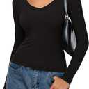 REORIA Womens Long Sleeve Shirts 2025 Fall Trendy Deep V Neck Slim Fit Basic Tops Casual Going Out Top Tee Blouse (Black, M)