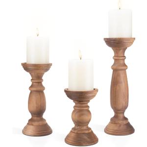 Rustic Wooden Pillar Candle Holders Set of 3, 12'' 9'' 6'' Farmhouse Wood Candle Stand for Table Centerpieces, Vintage Tall Candleholders Fireplace Mantel Decor for Living Room, Brown