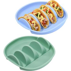 Silicone Taco Plates Holder Set of 2, Reusable Taco Holder Plates with Dividers, Taco Holders for Soft and Hard Tacos, Non-Slip Taco Holder Stands Taco Serving Tray, Dishwasher & Microwave Safe
