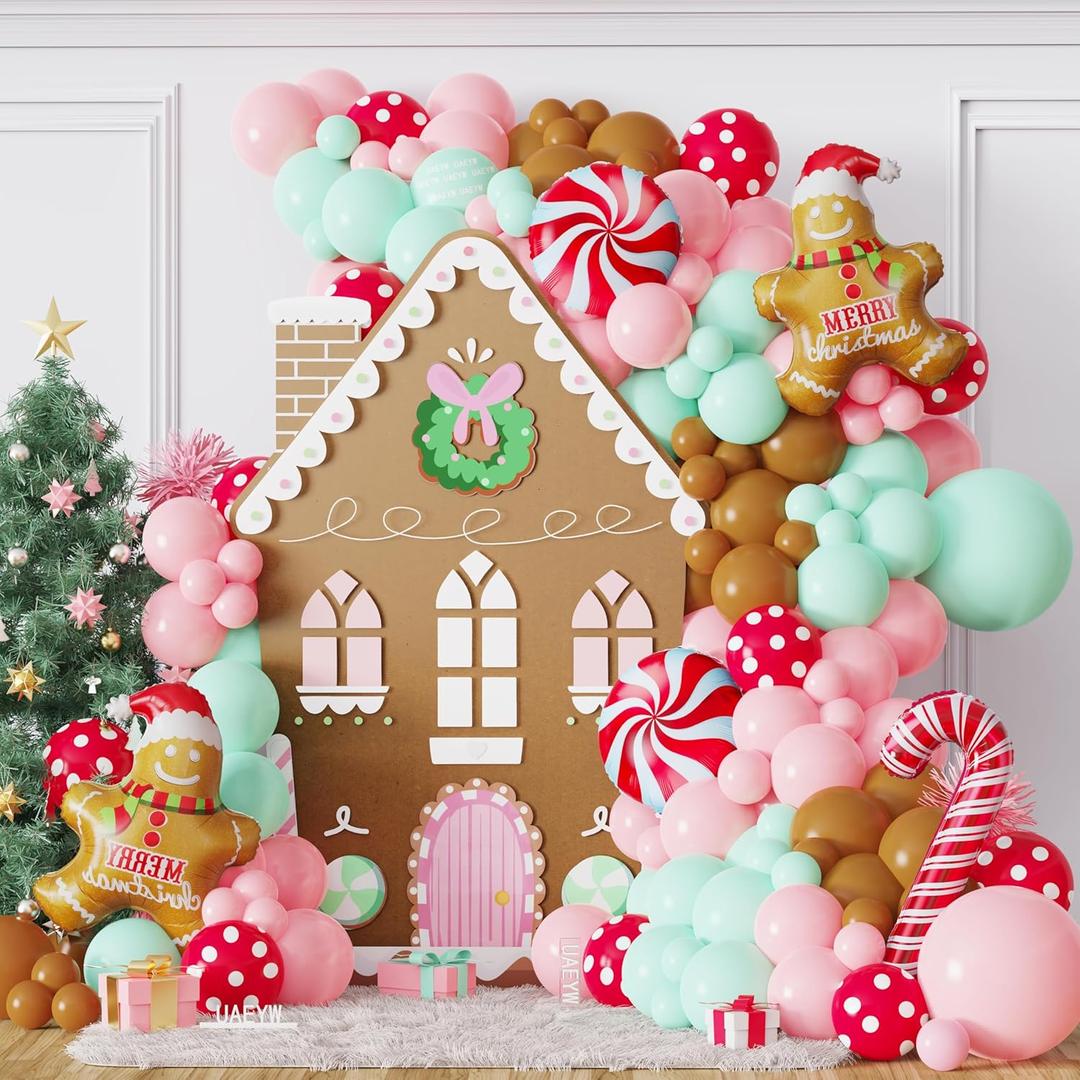 UAEYW 139Pcs Gingerbread Balloon Arch Garland Kit Pastel Pink Green Christmas Balloon Garland,30'' Gingerbread Man Candy Cane Balloon Christmas Cookiexmas Gingerbread House New Year Party Decorations