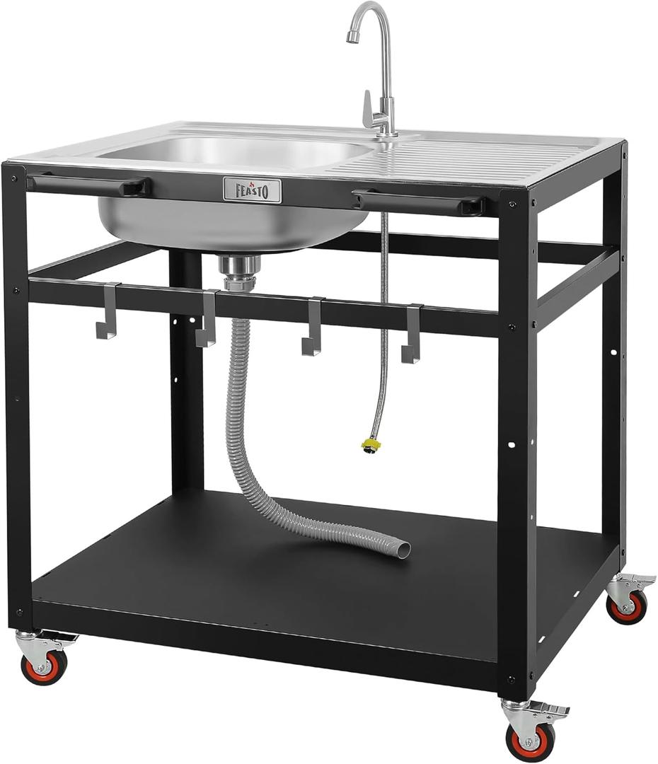 35-Inch Outdoor Grill Cart with Stainless Steel Sink, Rolling BBQ Prep Table with Faucet, Storage Shelves and Lockable Wheels for Patio, Backyard and Outdoor Cooking, Silver & Black