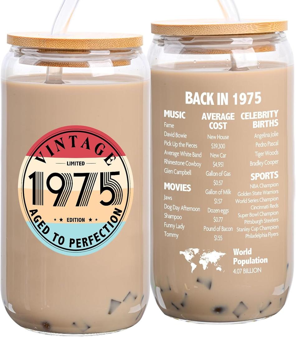 50th Birthday Gifts for Women - 1975 50th Birthday Decorations Gifts for Her Him Men 50 Year Old Bday Gift for Women Mom Wife Turning 50 Gift Glass Cup with Straw