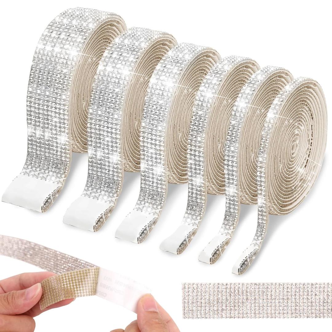 6 Rolls Rhinestone Strips Self Adhesive, 6 Yards Silver Diamond Ribbon, Bling Rhinestone Tape
