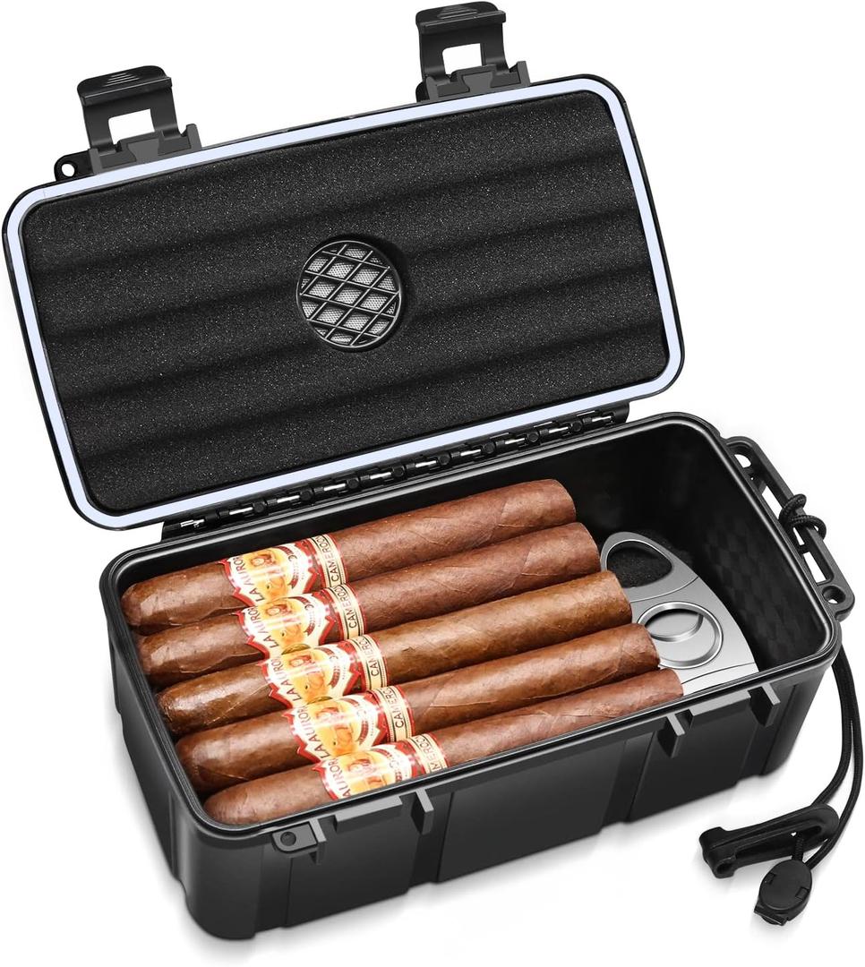 Flauno Travel Cigar Humidor - Portable Cigar Case with Cigar Cutter & Humidifier, Holds up to 15 Cigars, Waterproof, Crushproof, Airtight Seal, Durable