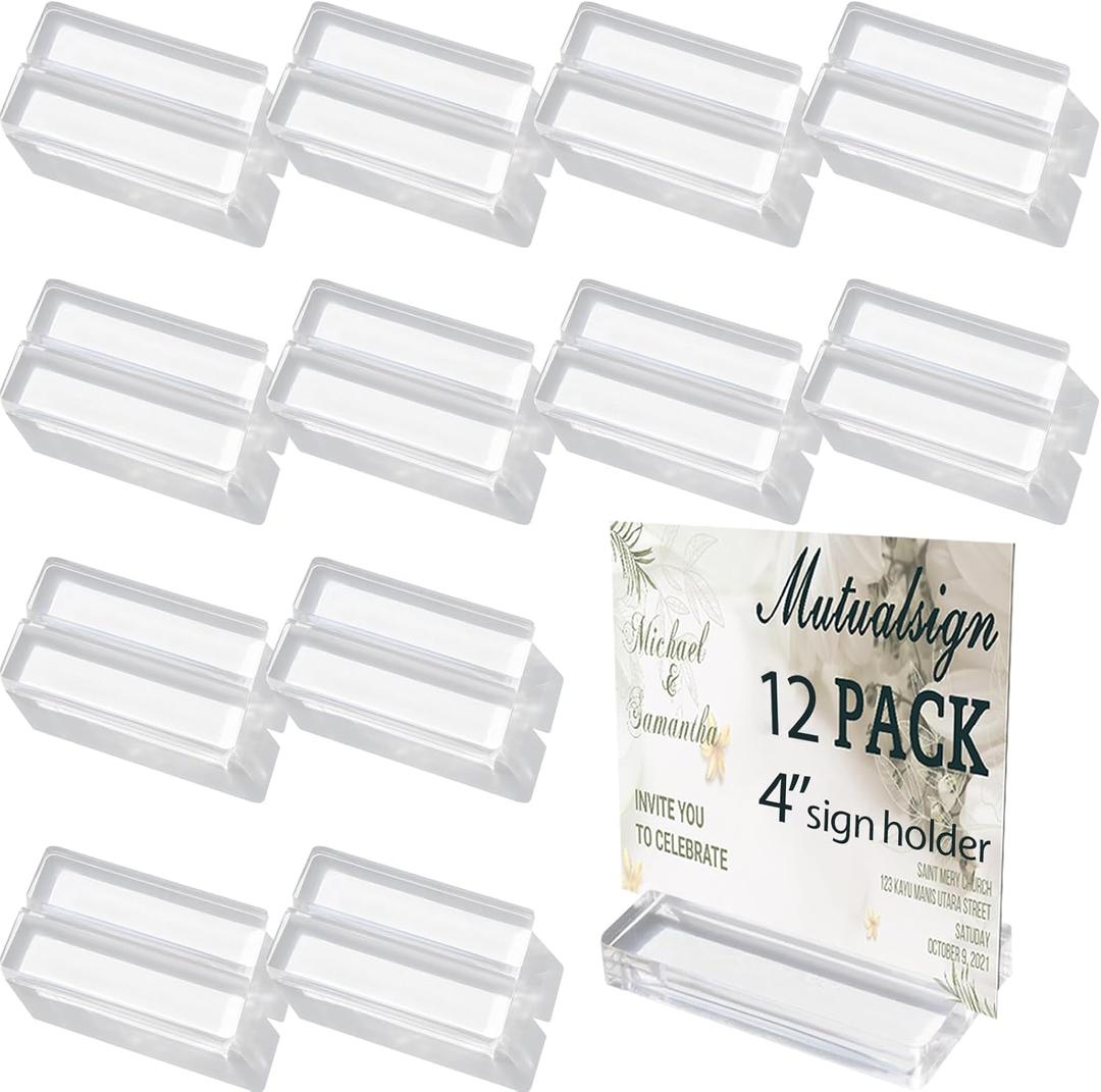4 inches Acrylic Stand, 12 Pcs Table Number Holder, Clear Acrylic Sign Holder Place Card Holders for Wedding, Business, Conference(Clear- 4"-12pack)