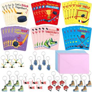 Fancy Land 30 Pack Valentines Cards Classroom Kids Hockey Valentines Day Cards with Keychains Valentine Gift Set Exchange Boys Girls Goody Bag Favors Ice Hockey