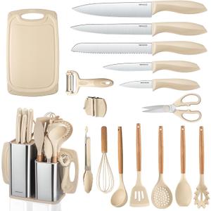 RAXCO Kitchen Set,18-Piece Silicone Cooking Utensils and Stainless Steel Chef's Knives,Khaki (Khiki)