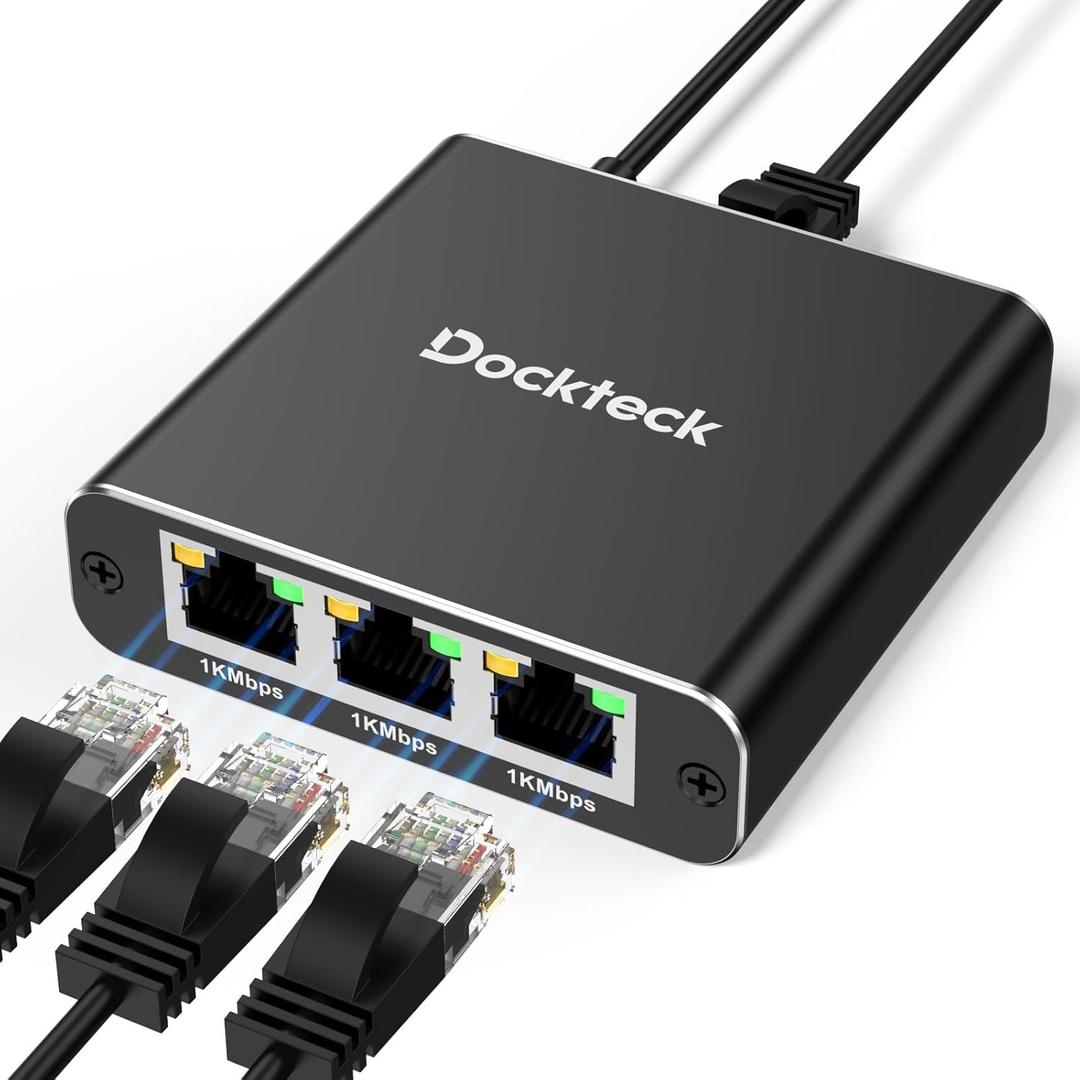 Ethernet Splitter 1 to 3 1000Mbps, Dockteck Internet Cable Splitter 1 in 3 Out High Speed Switch Network Gigabit for LAN RJ45 Port Router Switch Work with Cat5/5e/6/7/8 Cable