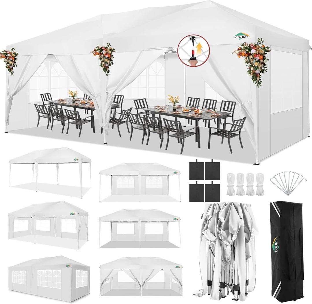 COBIZI 10x20 Pop Up Canopy Tent with 6 Sidewalls Party Tents for Parties Weddings Backyard Waterproof Commercial Instant Outdoor Events Tent with Stakes, Ropes（10 x 20 ft White