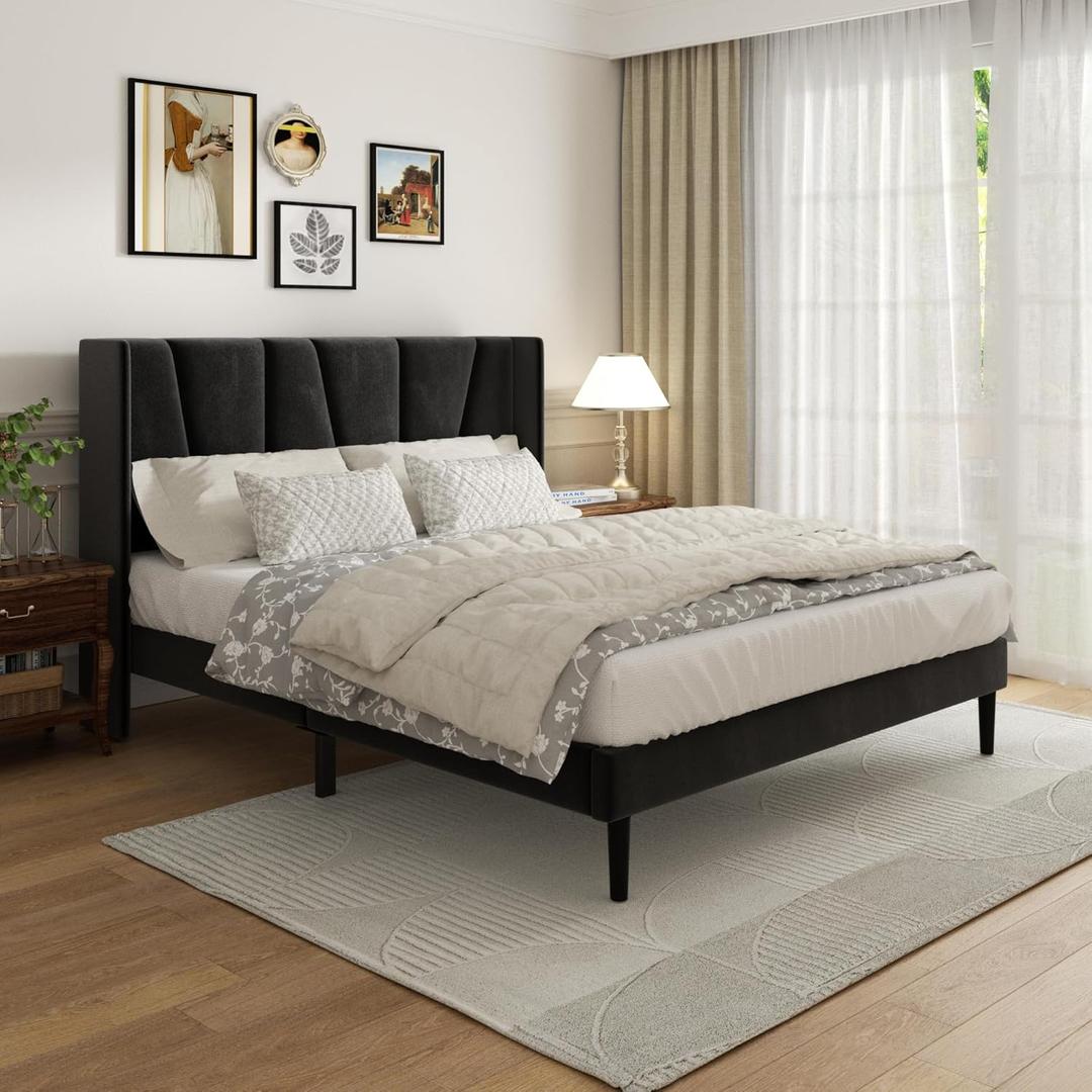 Sismplly Full Bed Frame with Headboard, Velvet Upholstered Full Size Platform Bed with Wingback, Mattress Foundation with Wooden Slat Support, No Box Spring Needed, Easy Assembly, Noise Free, Black