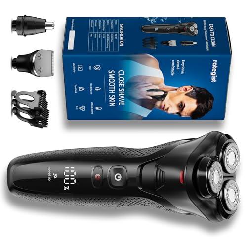Rategist Electric Razor for Men, Rechargeable Electric Shaver, Waterproof Wet Dry Cordless Razor, Adjustable Speeds, with Nose Hair Trimmer, Sideburns Trimmer, Dark Black, Stylish Fashion