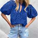 BETTE BOUTIK Women's Long Short Sleeve Tops 2025 Dressy Casual Button Hollow Out Lace Embroidered Blouses Shirts (Blue, XL)