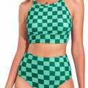 Herseas Women's Bikini Sets High Neck Tropical Leaf Print High Waisted Two Pieces Swimsuits Bathing Suits (Large, Green Checkerboard)