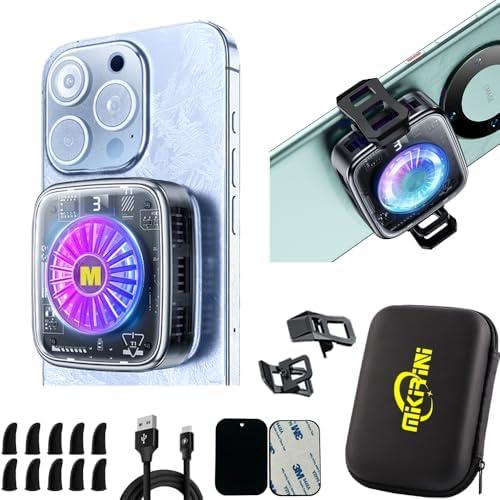 Mikirini 15 in 1 Magnetic Phone Cooler Pro w/RGB LEDs, Detachable Grip, Thermostatic Cooling Fan for iPhone MagSafe/Android/iPad -Gaming/Streaming/Photography (Silver Frame)