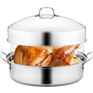 QPMR 22" Stainless Steel Roasting Pan with Lid and Rack,25LB Capacity,Large Roaster Pan for Oven,Nonstick Roasting Pan for Turkey,Chicken,Gifts for Mom,Wife