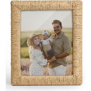 takfot Boho 8x10 Picture Frame, Natural Boho Rattan Photo Frame with Real Glass Paper Rope for Wall and Tabletop Display Gift for Mom Grandma Family Friends