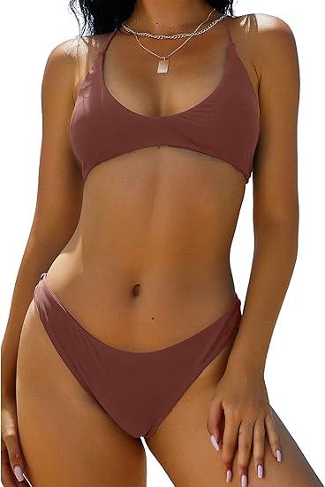 ZAFUL Women's Tie Back Padded High Cut Bralette Bikini Set Two Piece Swimsuit M